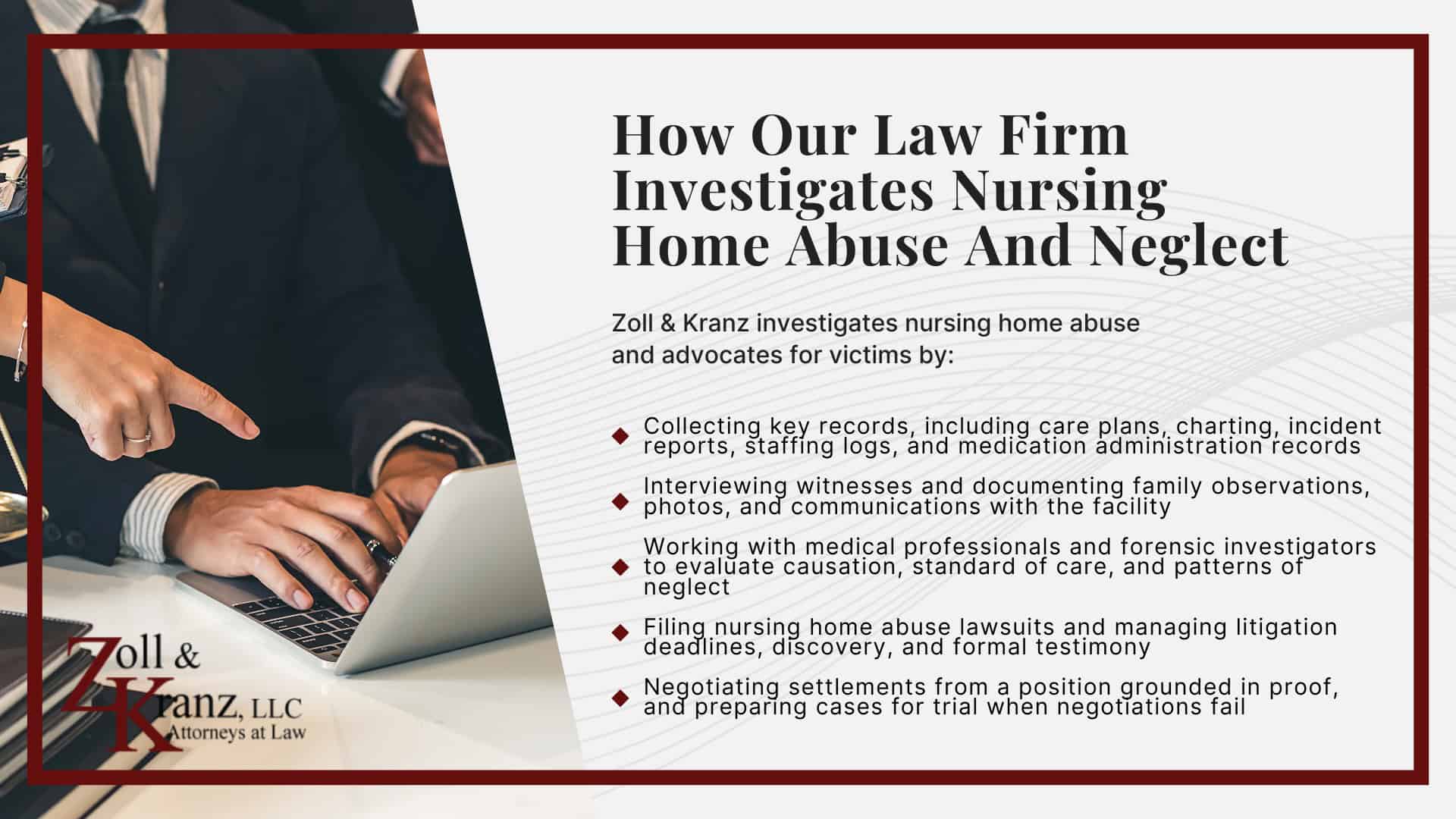 How Our Law Firm Investigates Nursing Home Abuse And Neglect; Wrongful Death Damages When Neglect Leads to Fatal Harm; Damages In Nursing Home Abuse And Neglect Cases; Ohio Laws And Regulations That Apply to Nursing Home Abuse Cases; How To Report Concerns to Ohio Agencies And The Long-Term Care Ombudsman; What To Do If You Suspect Nursing Home Abuse In Toledo; Types of Nursing Home Abuse Cases We Handle; Warning Signs of Nursing Home Abuse And Neglect; Nursing Home Negligence Can Include System Failures, Not Just One Staff Member’s Conduct; What Counts as Nursing Home Abuse And Neglect In Ohio; What Counts as Nursing Home Abuse And Neglect In Ohio