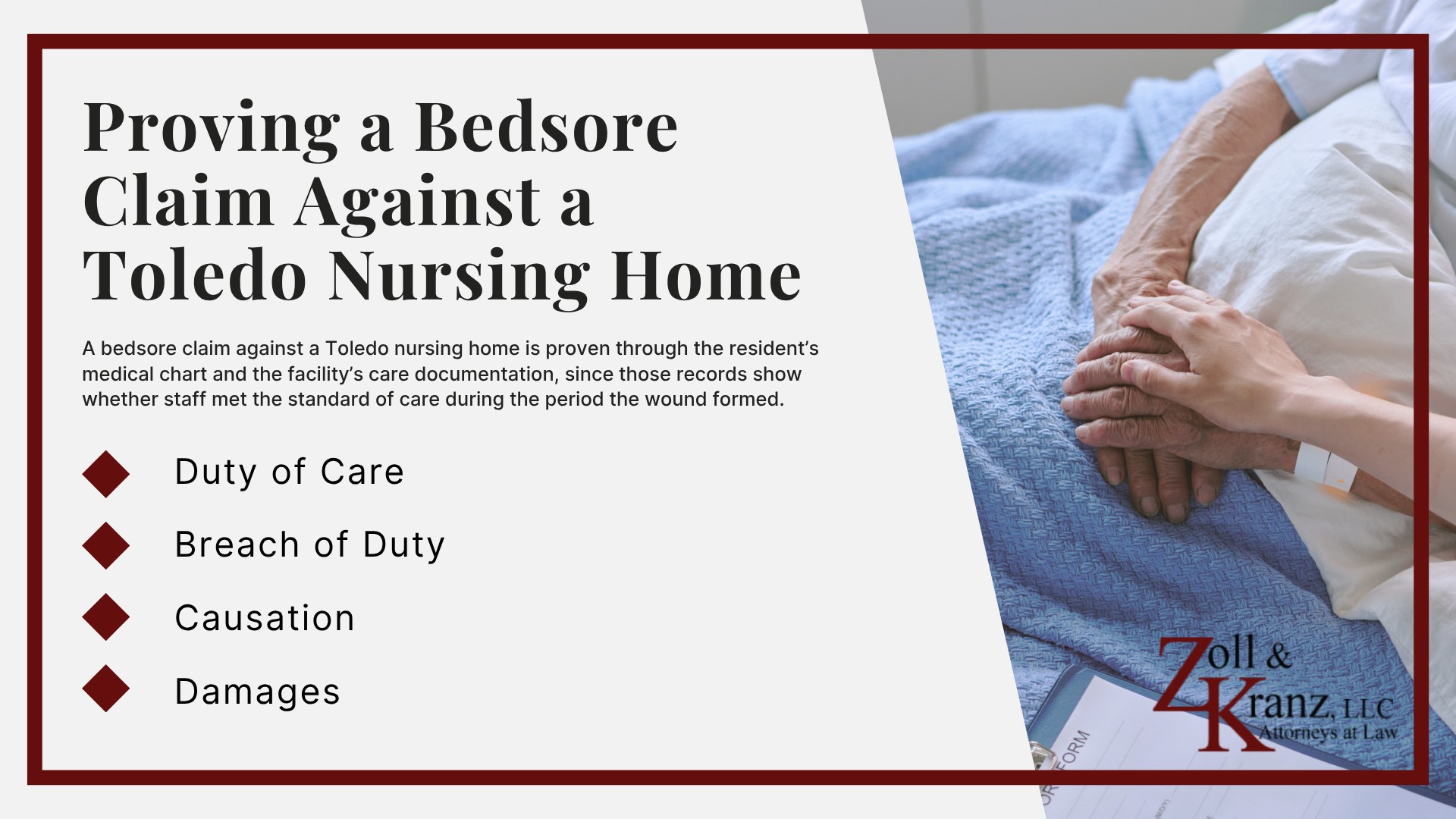 Proving a Bedsore Claim Against a Toledo Nursing Home; Steps to Take if Your Loved One Has Bedsore Injuries in a Nursing Home; Filing a Bed Sore Lawsuit Against a Nursing Home; Ways to Prevent Bedsores in Nursing Homes; How Chronic Understaffing Causes Bedsores; Common Causes of Bedsores in Toledo Nursing Homes; Stages and Classifications of Bedsores; What Are Bedsores