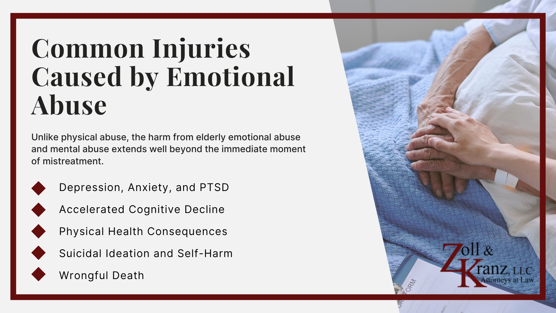 Common Injuries Caused by Emotional Abuse; Common Causes of Emotional Abuse in Nursing Homes; Warning Signs of Emotional Abuse in Nursing Home; Common Types of Mental and Emotional Abuse