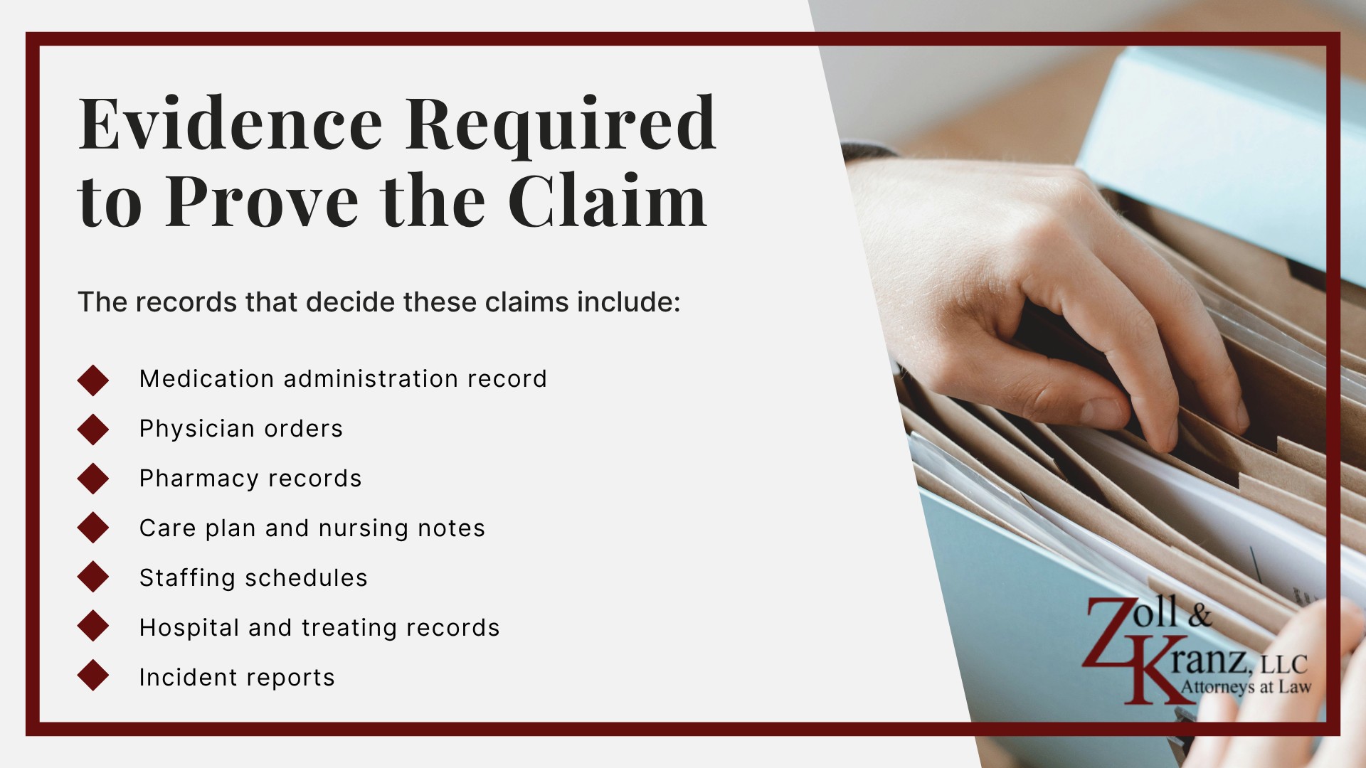 Evidence Required to Prove the Claim; Parties Who May Be Held Liable; Proving Liability for a Medication Error; Federal and State Medication Standards; Steps to Take After a Medication Error in a Nursing Home; Warning Signs of a Medication Error; Types of Nursing Home Medication Errors (2); Causes of Nursing Home Medication Errors; Types of Nursing Home Medication Errors
