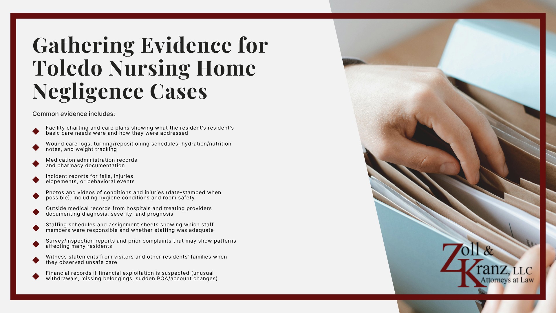 Do You Qualify For a Nursing Home Negligence Case; How Our Lawyers Represent Nursing Home Residents at Risk; Steps to Take After Nursing Home Neglect Occurs; The Legal Process of Toledo Nursing Home Neglect Claims; Common Causes of Nursing Home Negligence; What is Considered Nursing Home Abuse or Neglect; Damages in Toledo Nursing Home Negligence Cases (2); Gathering Evidence for Toledo Nursing Home Negligence Cases