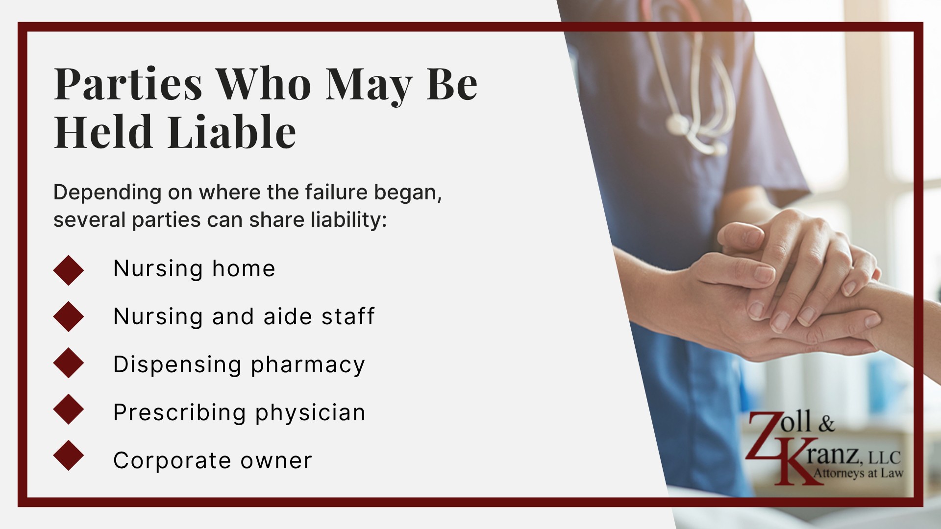 Parties Who May Be Held Liable; Proving Liability for a Medication Error; Federal and State Medication Standards; Steps to Take After a Medication Error in a Nursing Home; Warning Signs of a Medication Error; Types of Nursing Home Medication Errors (2); Causes of Nursing Home Medication Errors; Types of Nursing Home Medication Errors