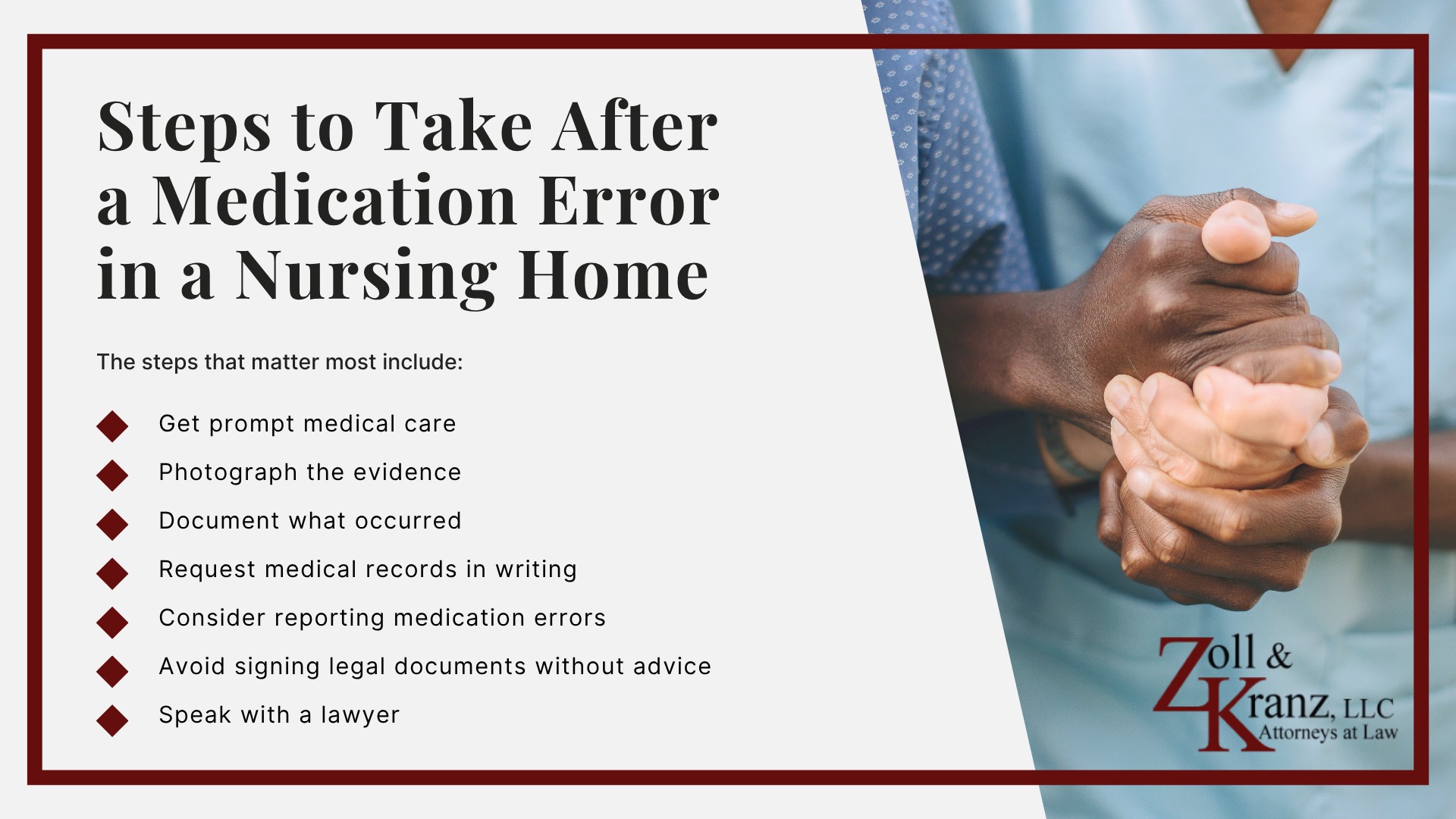 Steps to Take After a Medication Error in a Nursing Home; Warning Signs of a Medication Error; Types of Nursing Home Medication Errors (2); Causes of Nursing Home Medication Errors; Types of Nursing Home Medication Errors