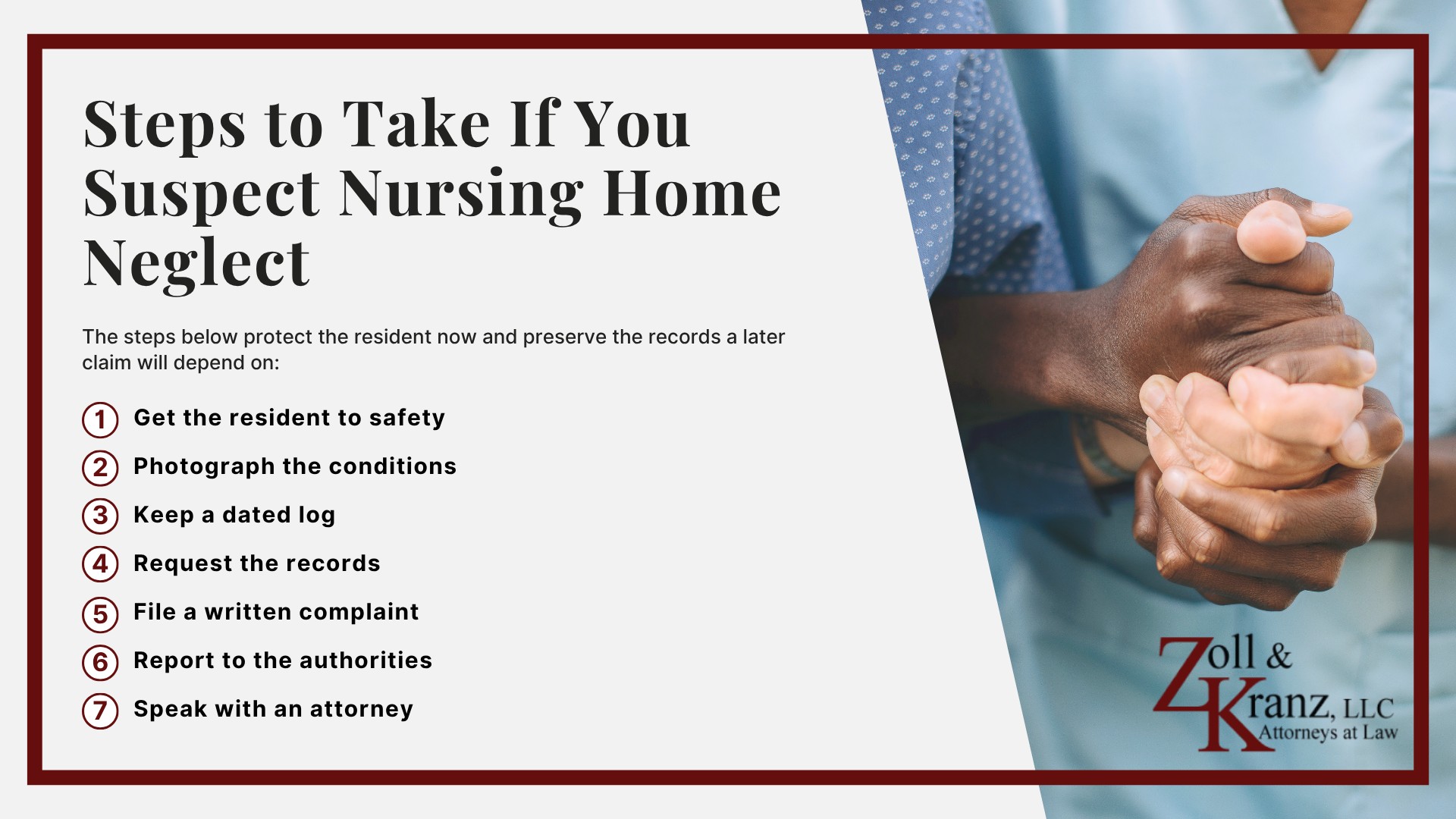 Steps to Take If You Suspect Nursing Home Neglect; Evidence Needed to Prove a Negligent Hiring Claim; Proving a Neglect Claim Comes Down to Four Elements; Parties That Can Be Held Liable for Neglect; Common Causes of Neglect in Nursing Homes; Warning Signs of Nursing Home Neglect; Common Forms of Nursing Home Neglect; Neglect Versus Abuse in Nursing Homes; Federal and Ohio Standards of Care a Facility Must Meet; Steps to Take If You Suspect Nursing Home Neglect