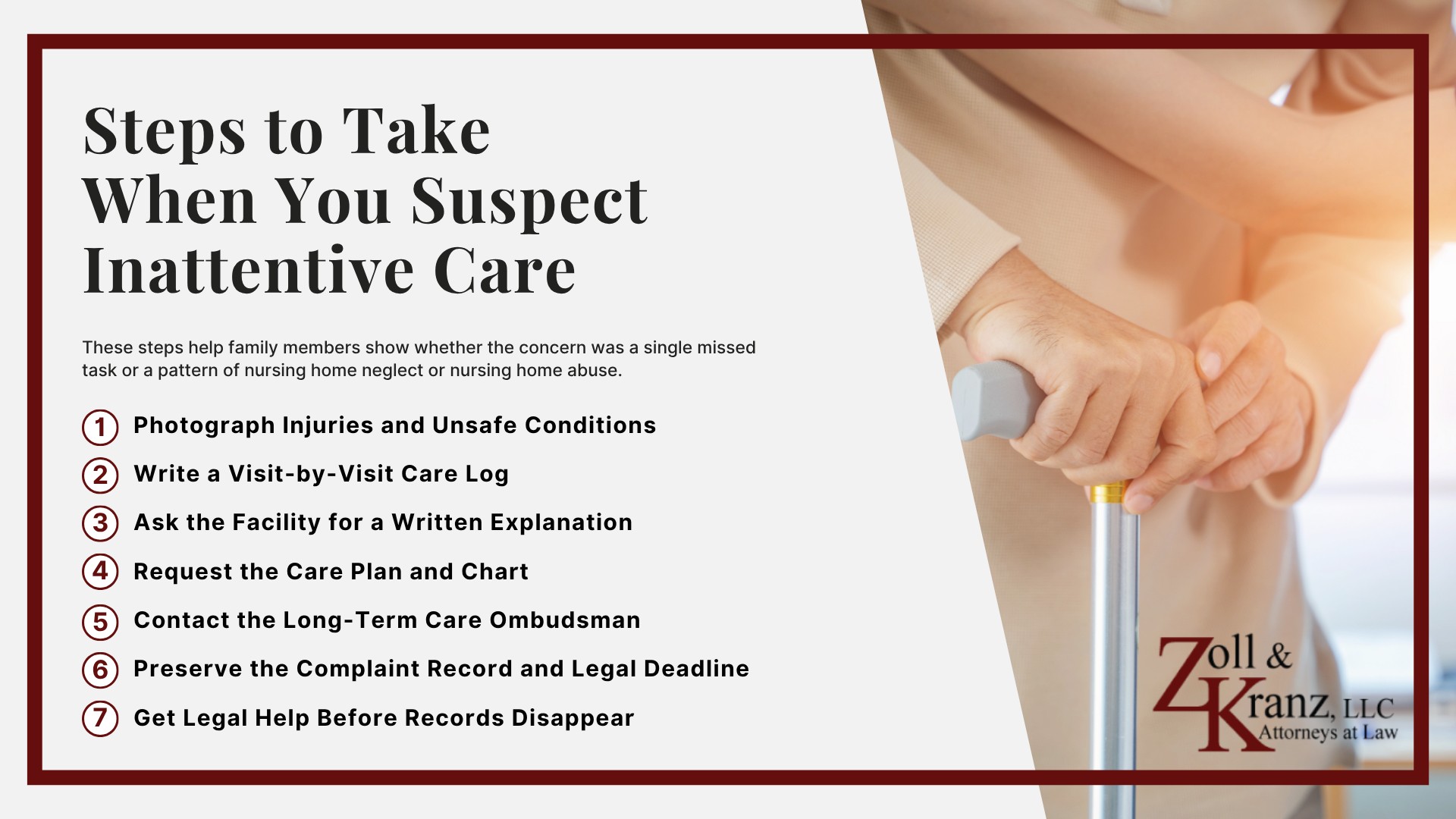 Steps to Take When You Suspect Inattentive Care; Common Causes of Inattentive Care in Nursing Home; Common Injuries Caused by Inattentive Nursing Home Staff; Key Warning Signs of Inattentive Care in Nursing Homes; Physical Signs; Hygiene and Daily Care Signs; Behavioral Signs