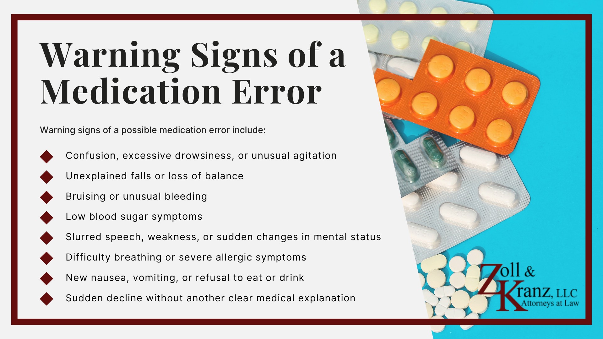 Warning Signs of a Medication Error; Types of Nursing Home Medication Errors (2); Causes of Nursing Home Medication Errors; Types of Nursing Home Medication Errors