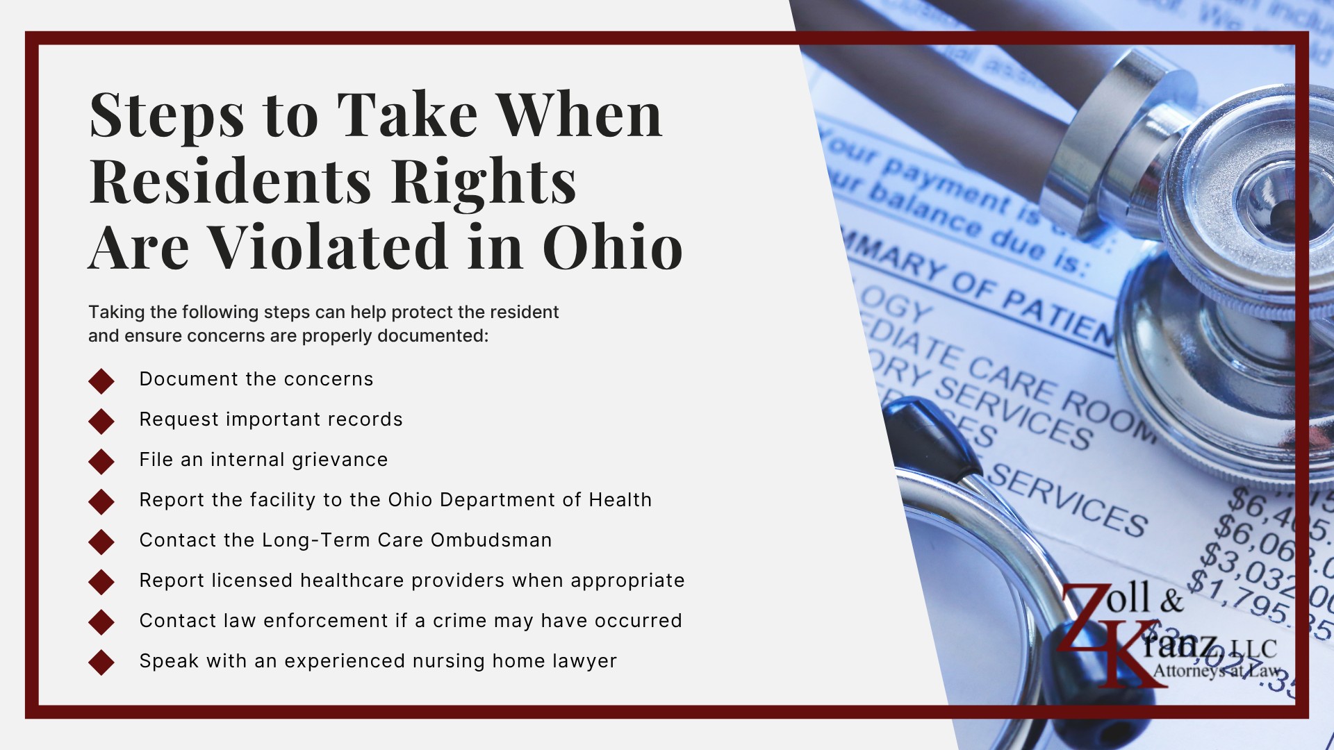 Steps to Take When Residents Rights Are Violated in Ohio; Who Can File a Claim for an Ohio Nursing Home Resident; Involuntary Discharge of Ohio Nursing Home Residents; Physical and Chemical Restraints in Ohio Nursing Homes; Common Nursing Home Resident Rights Violations; Basic Rights of an Ohio Nursing Home Resident; Nursing Home Resident Rights Under Federal and State Law