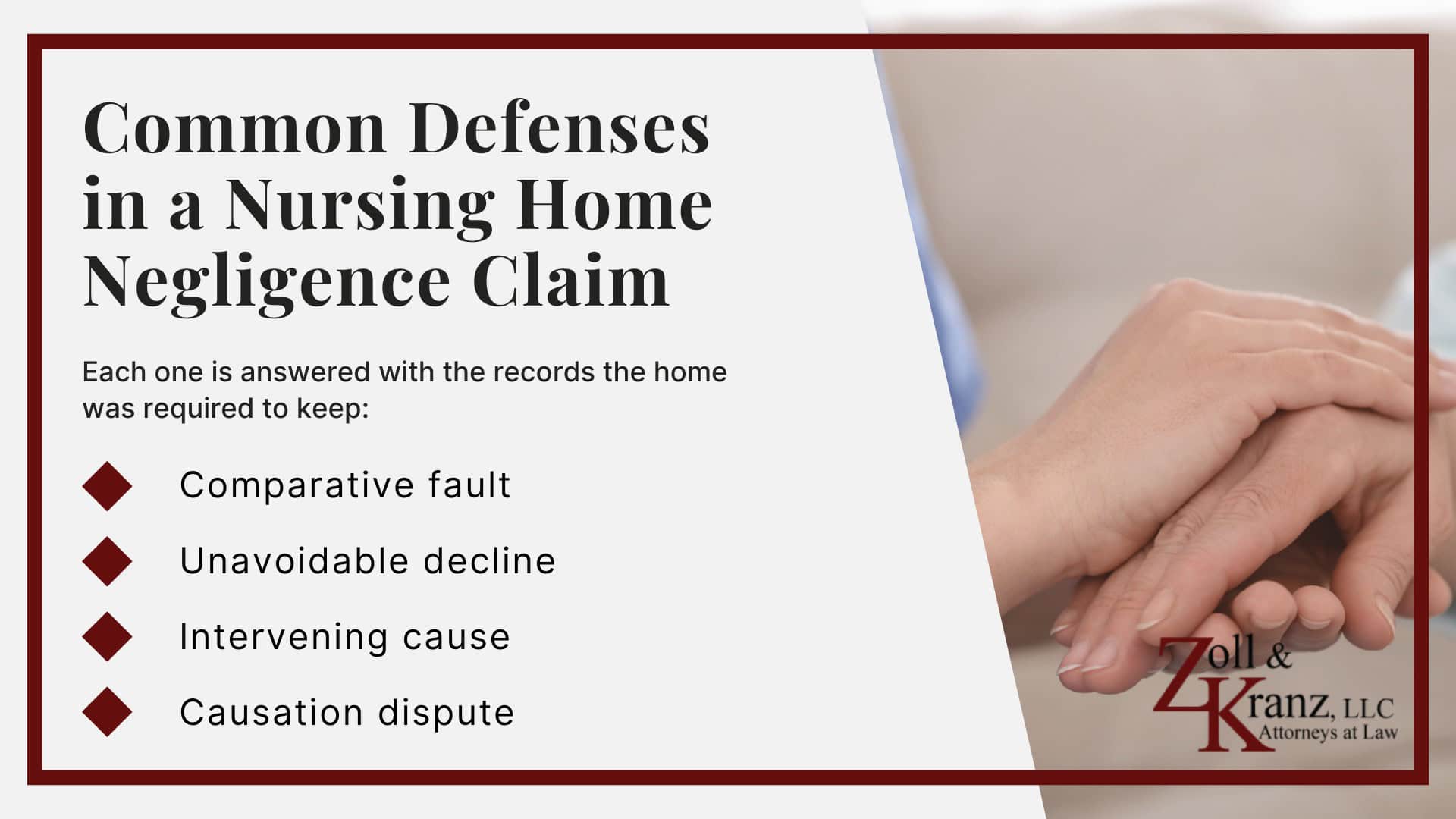 Common Defenses in a Nursing Home Negligence Claim; Physical Evidence on the Resident; Evidence in a Nursing Home Negligence Claim; Types of Nursing Home Negligence; Potentially Liable Parties in a Nursing Home Negligence Case; Elements Required to Establish Liability in Nursing Home Negligence Cases; Legal Duty a Nursing Home Owes Its Residents