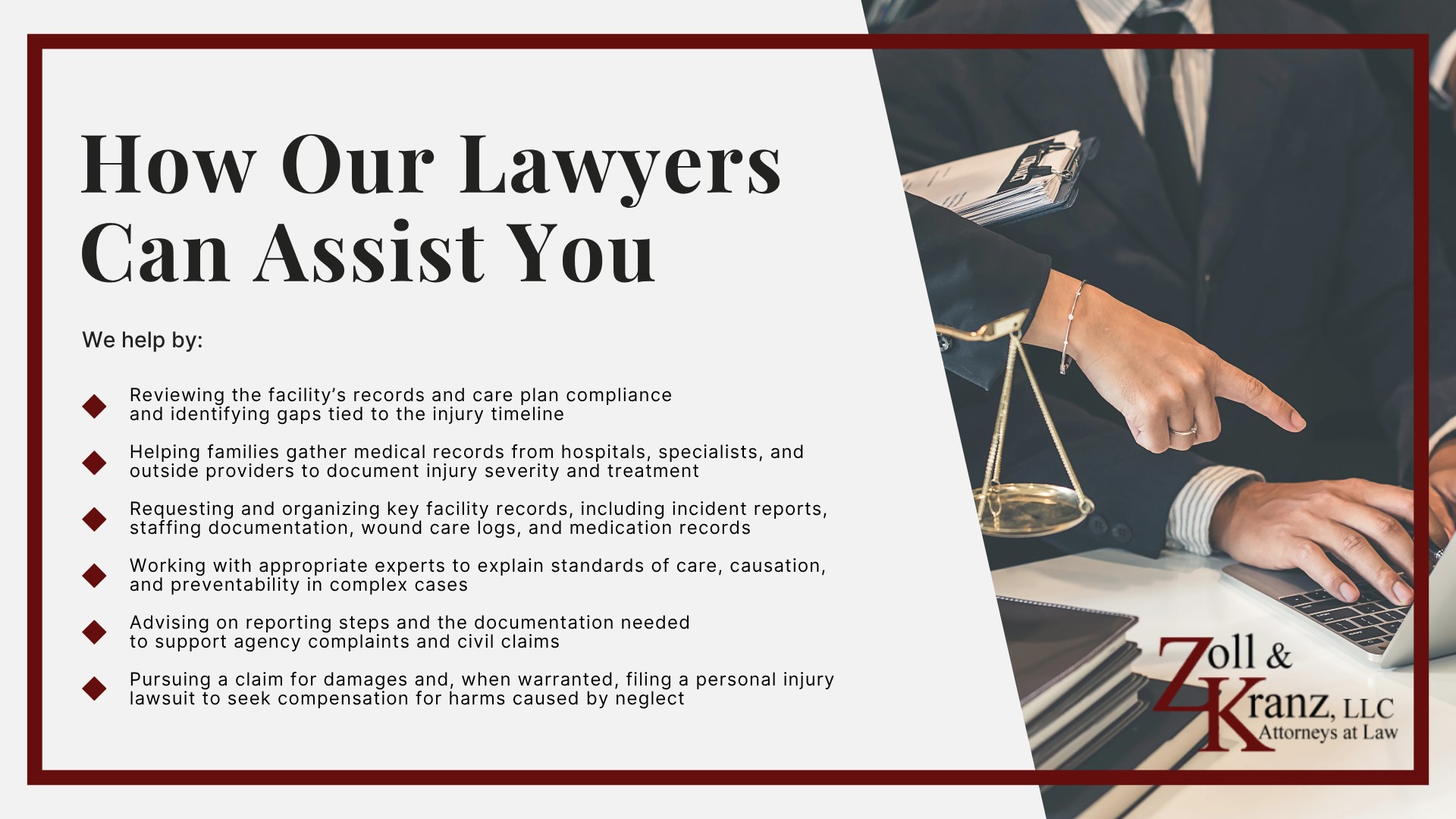 How Our Lawyers Can Assist You; The Legal Process of Toledo Nursing Home Negligence Cases; Evidence for Toledo Nursing Home Negligence Claims_ Overview; Types of Evidence in Nursing Home Negligence Cases; How Our Lawyers Can Assist You