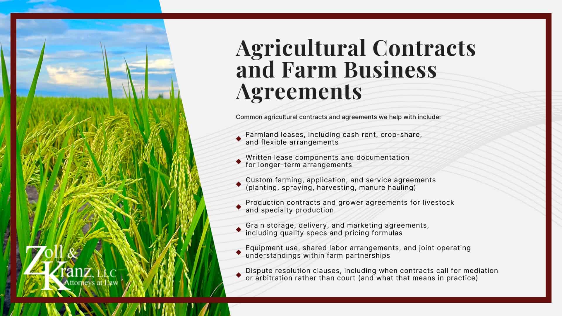 Agricultural Contracts and Farm Business Agreements; Our Agricultural Law Practice_ Legal Support for Working Farms; Agricultural Law in Ohio_ Legal Representation for Farmers, Landowners, and Agribusinesses; Who We Represent in Agricultural Legal Matters