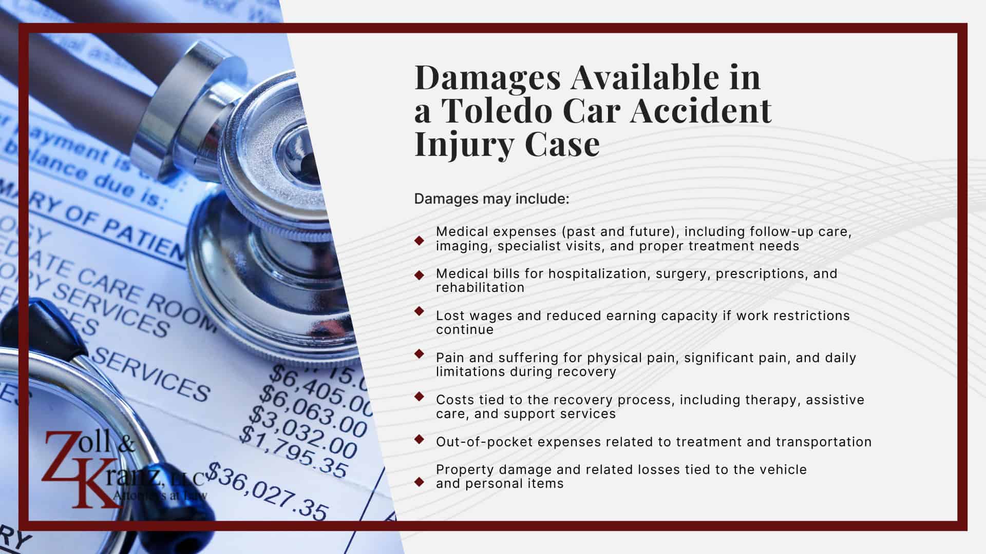 Damages Available in a Toledo Car Accident Injury Case; Common Evidence in Car Accident Injury Claims; Ohio’s Statute of Limitations for Car Accident Injury Cases; Filing a Car Accident Injury Lawsuit in Ohio; Calculating the Full Extent of Your Damages; Investigating Liability and Identifying At-Fault Parties; How Our Toledo Car Accident Injury Attorneys Build Strong Cases; How Insurance Companies Handle Car Accident Injury Claims; What To Do After Sustaining an Injury in a Car Accident; What To Do After Sustaining an Injury in a Car Accident; Understanding Car Accident Injury Claims in Toledo, Ohio