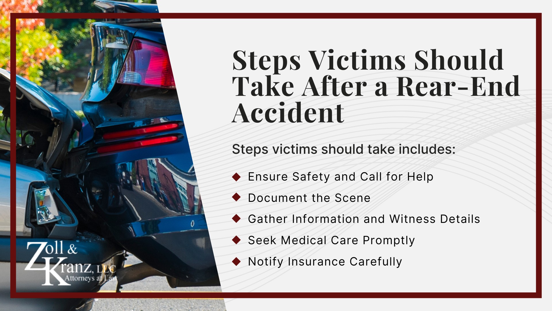 Steps Victims Should Take After a Rear-End Accident; Injuries Commonly Associated With Rear-End Collisions; Fault and Liability in Rear-End Accidents; How Rear-End Collisions Occur