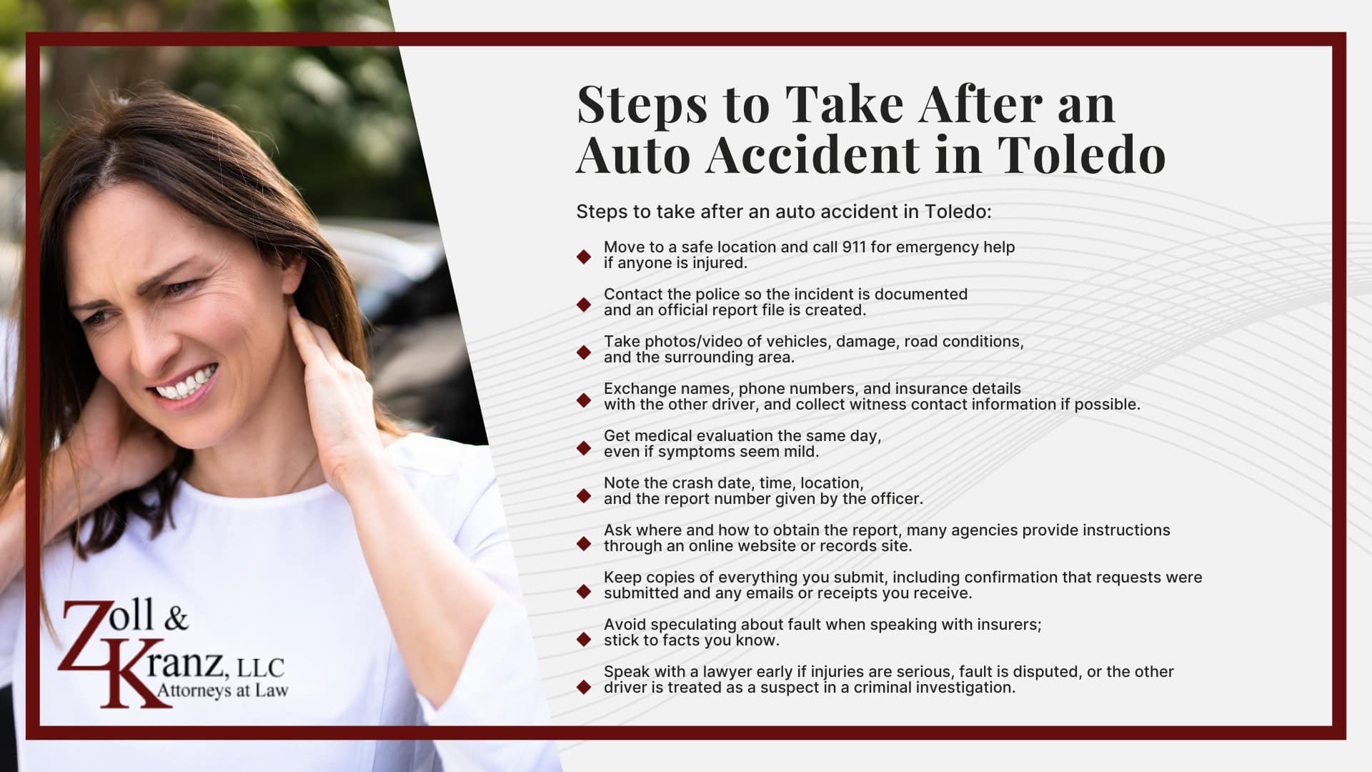 Steps to Take After an Auto Accident in Toledo; The Legal Process of Auto Accidents in Toledo; Investigating Liability and Identifying At-Fault Parties; How Our Toledo Auto Accident Attorneys Build Strong Cases With a Police Report; Securing a Police Report; Securing a Police Report After an Auto Accident in Toledo; How a Police Report Can Help Your Case