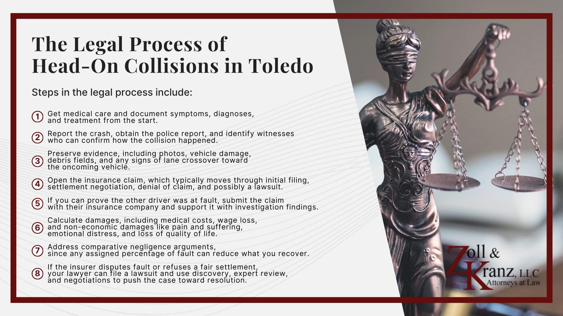 The Legal Process of Head-On Collisions in Toledo; Steps to Take After a Head-On Collision in Toledo; The Legal Process of Head-On Collisions in Toledo; Calculating the Full Extent of Your Damages; Investigating Liability and Identifying At-Fault Parties; How Our Toledo Head-On Collision Attorneys Build Strong Cases; Understanding Head-On Collisions Claims in Toledo, Ohio