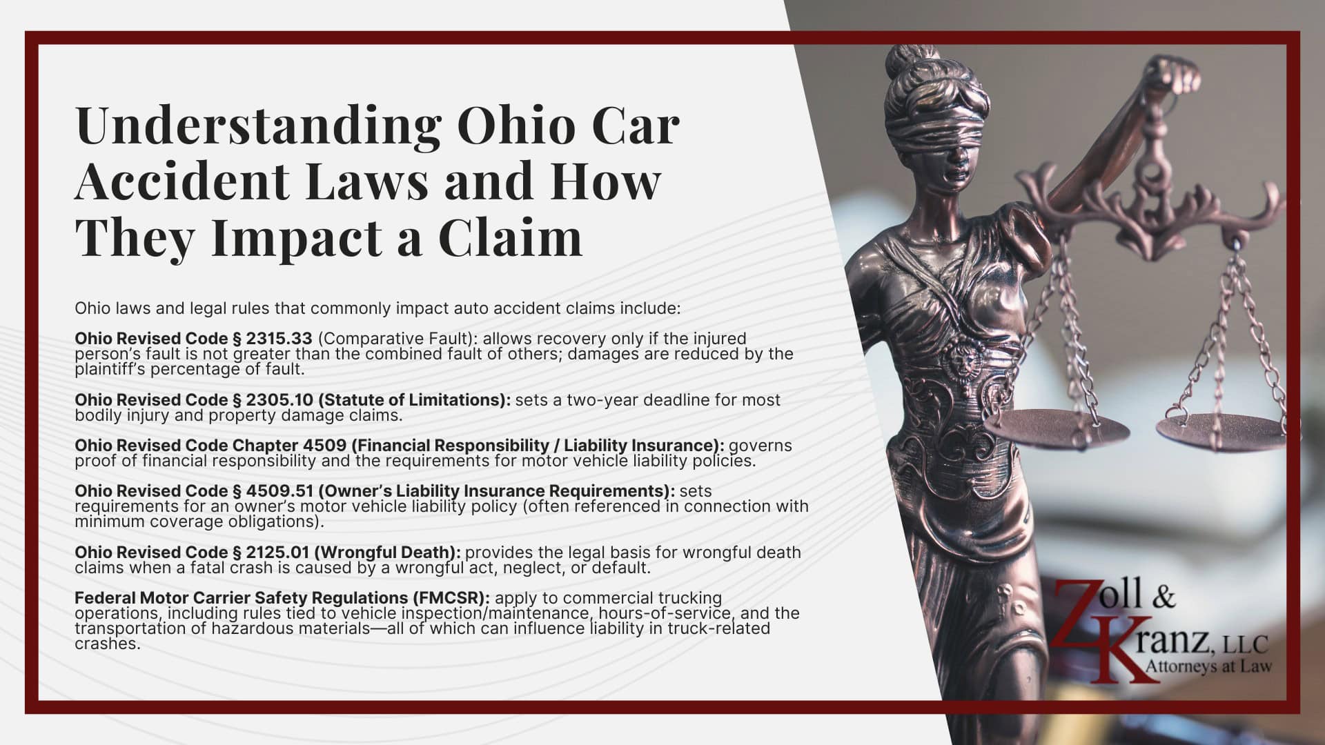 Understanding Ohio Car Accident Laws and How They Impact a Claim; Who May Be Liable for a Car Accident in Toledo; Injuries Common in Toledo Auto Accidents; Types of Car Accidents We Handle; Common Causes of Auto Accidents in Toledo; What to Do After a Car Accident in Toledo (Step-by-Step); Why Hire a Toledo Auto Accident Lawyer at Zoll & Kranz?