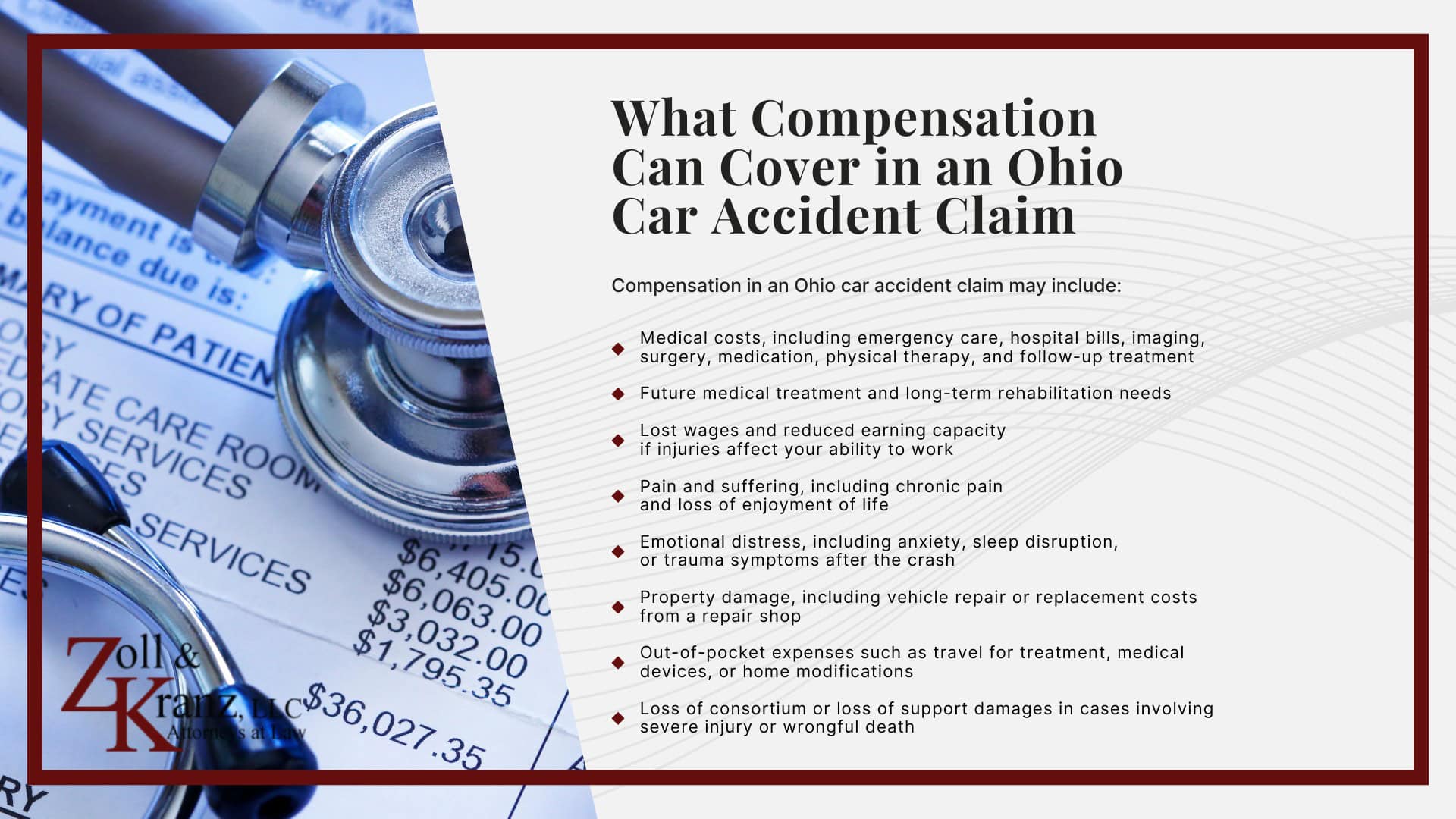 What Compensation Can Cover in an Ohio Car Accident Claim; Understanding Ohio Car Accident Laws and How They Impact a Claim; Who May Be Liable for a Car Accident in Toledo; Injuries Common in Toledo Auto Accidents; Types of Car Accidents We Handle; Common Causes of Auto Accidents in Toledo; What to Do After a Car Accident in Toledo (Step-by-Step); Why Hire a Toledo Auto Accident Lawyer at Zoll & Kranz?
