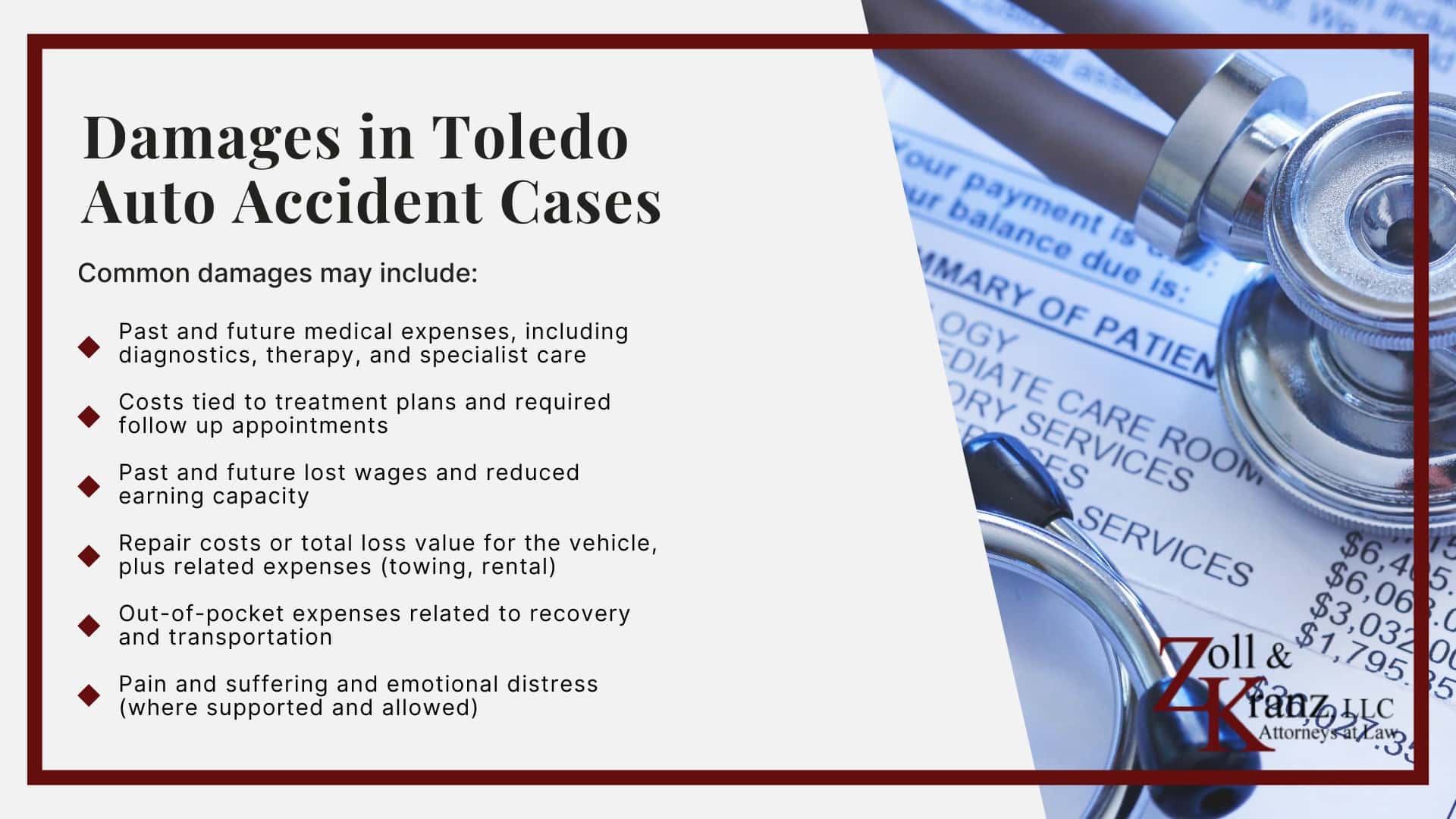 Damages in Toledo Auto Accident Cases; Do You Qualify For a Toledo Auto Accident Case; Steps To Take After a Toledo Auto Accident; How Our Lawyers Can Assist You; The Legal Process of Toledo Auto Accident Cases; Evidence in Auto Accident Cases in Toledo;  Types of Evidence in Auto Accident Cases; Preserving Evidence After an Auto Accident