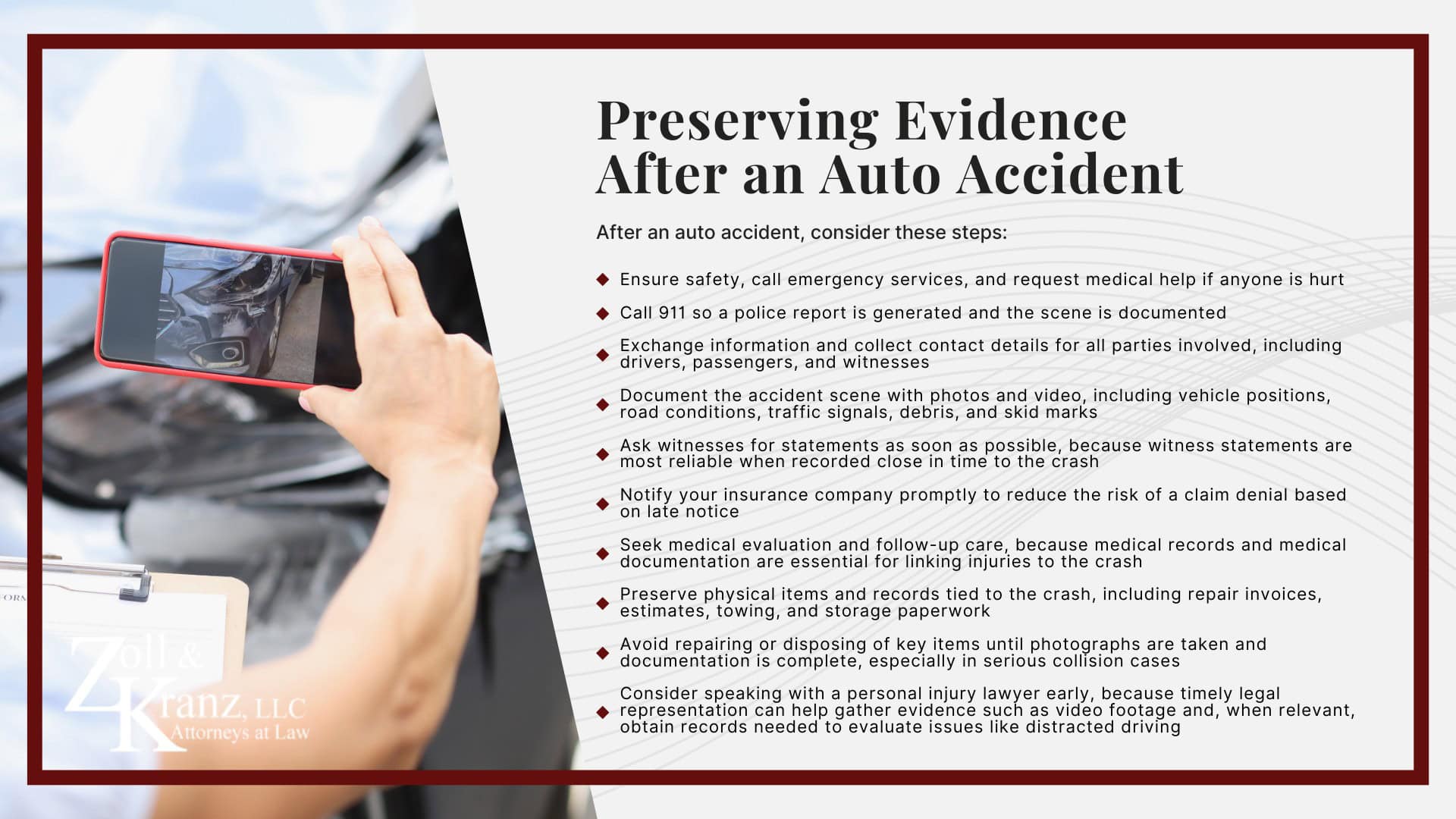 Evidence in Auto Accident Cases in Toledo;  Types of Evidence in Auto Accident Cases; Preserving Evidence After an Auto Accident
