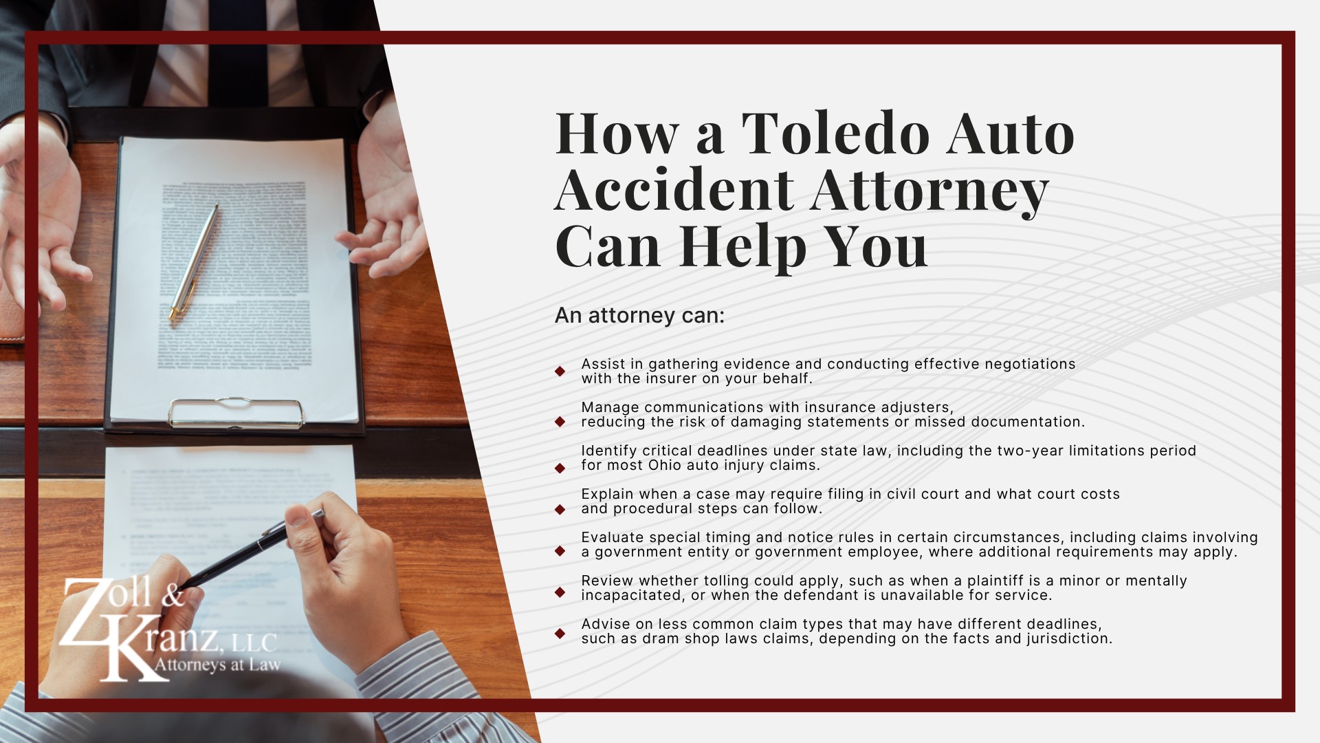 How a Toledo Auto Accident Attorney Can Help You; Steps to Take After a Toledo Auto Accident; The Legal Process For Toledo Auto Accidents; Statute of Limitations For Auto Accidents in Toledo, Ohio; Factors That Can Affect the Filing Deadline; Consequences of Missing the Statute of Limitations