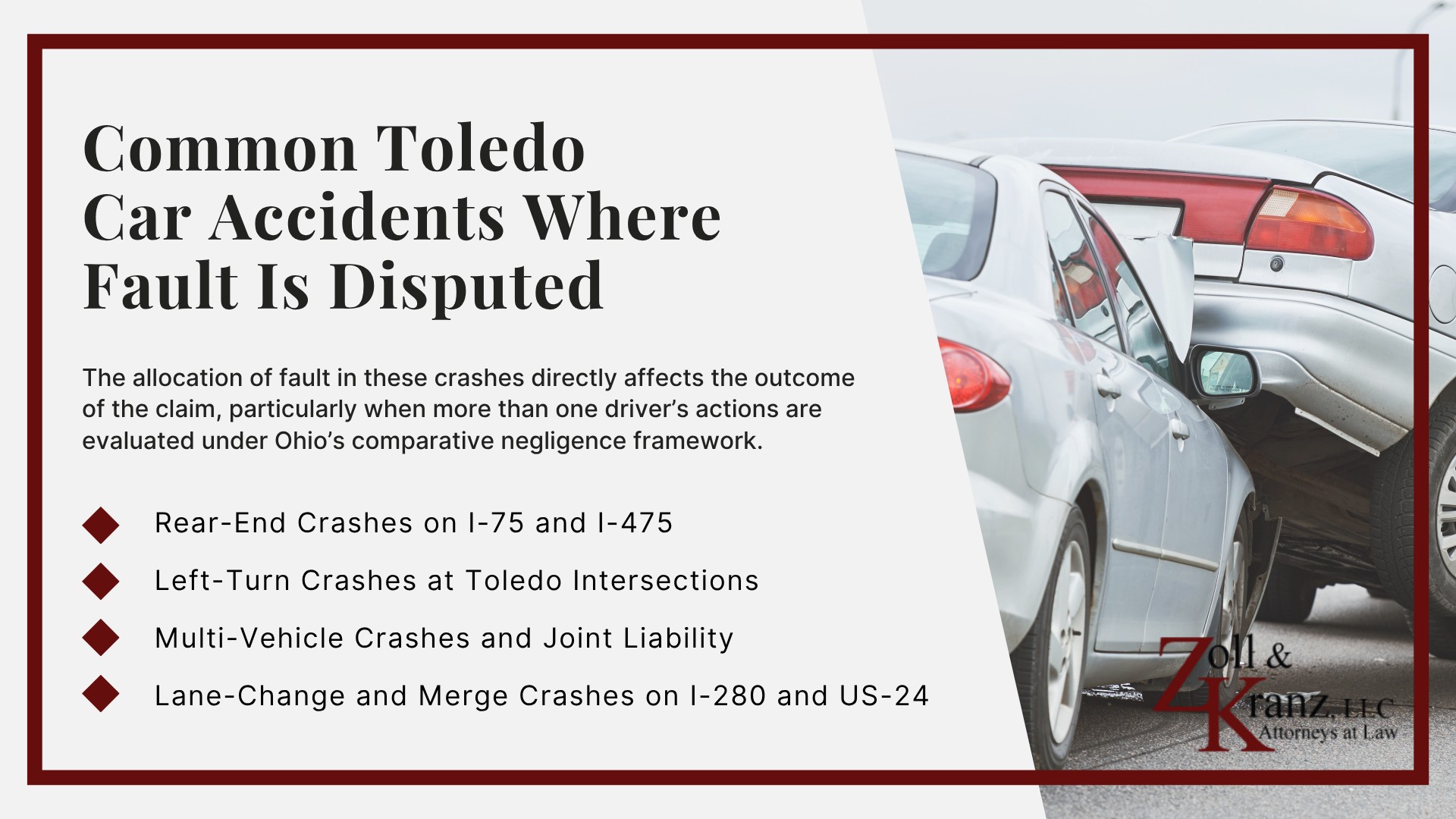 Common Toledo Car Accidents Where Fault Is Disputed; Comparative Negligence Compared to Other State Fault Systems; Calculating Compensation Under Ohio Comparative Negligence; How Fault Is Investigated After a Toledo Car Accident; The 51% Bar Rule in Ohio Car Accident Cases; How Ohio Modified Comparative Negligence Works