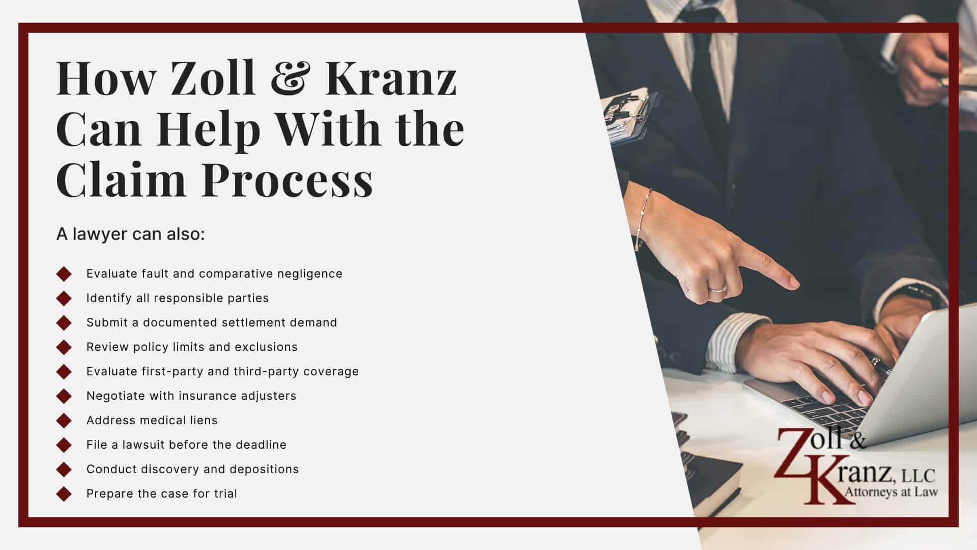 When to Contact an Ohio Car Accident Lawyer; Steps in an Ohio Car Accident Lawsuit; Negotiating a Car Accident Settlement; Filing a Claim With the At-Fault Driver’s Insurance Company; What Is the Difference Between a Car Accident Claim and a Lawsuit; How the Ohio Car Accident Injury Claim Process Begins; What to Do Immediately After an Ohio Car Accident; How Zoll & Kranz Can Help With the Claim Process